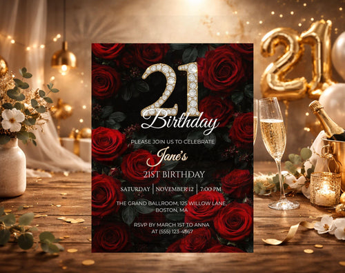 21st Birthday Invitation Red Roses, Elegant Black Gold Birthday Invite, Floral 21 Invite Template, Canva Editable Invitation