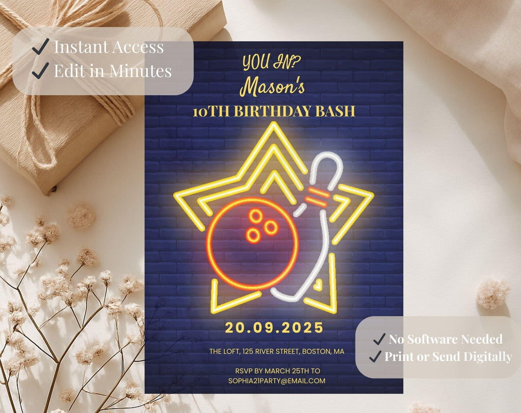 Blue Neon Bowling Birthday Invitation