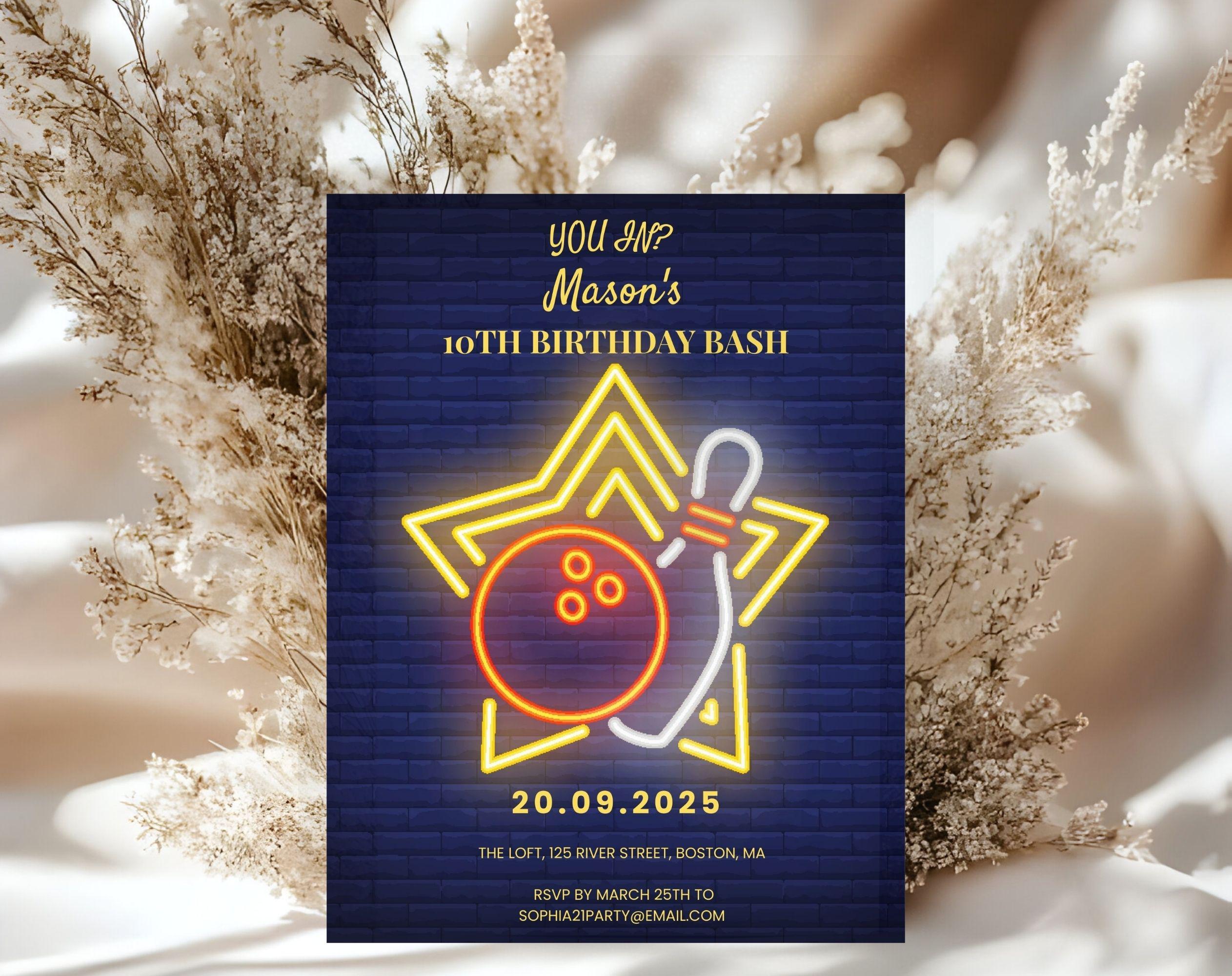 Blue Neon Bowling Birthday Invitation