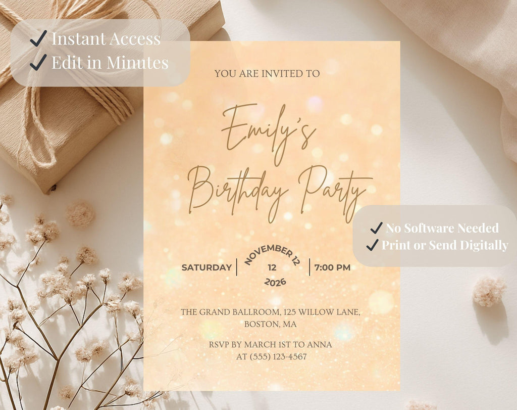 Gold Glitter Birthday Invitation