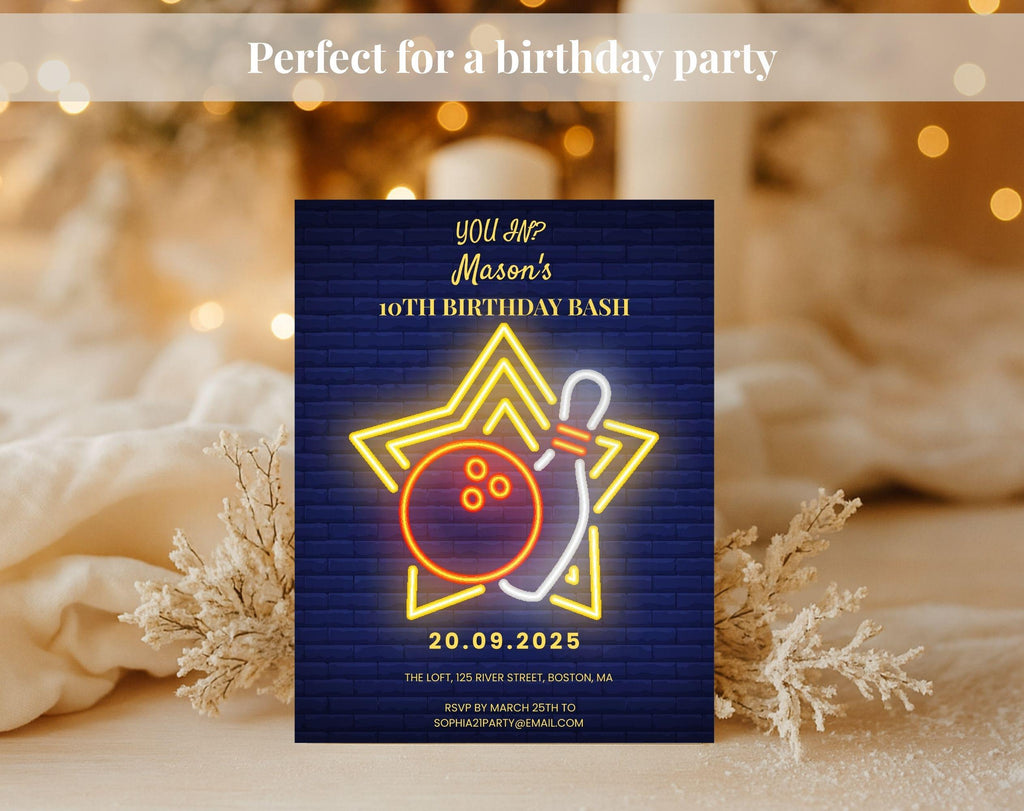 Blue Neon Bowling Birthday Invitation