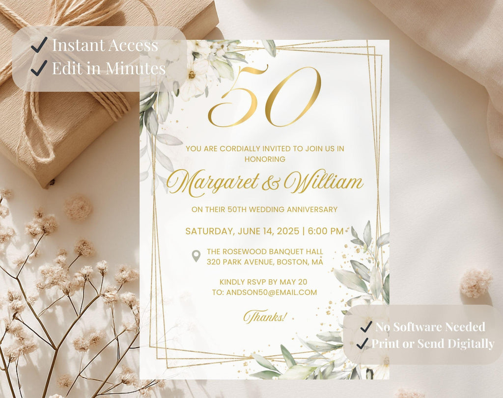 White Gold Floral 50th Wedding Anniversary Invitation