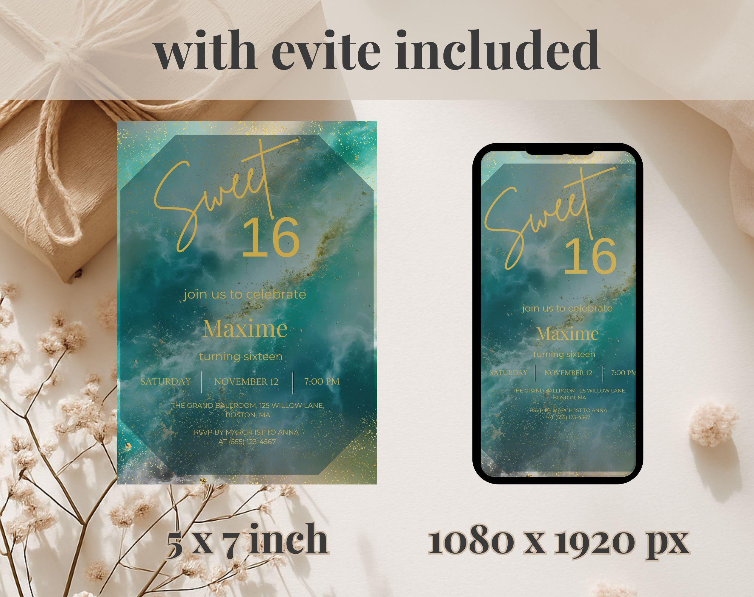 Gold Sweet 16 Birthday Invitation