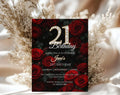 21st Birthday Invitation Red Roses, Elegant Black Gold Birthday Invite, Floral 21 Invite Template, Canva Editable Invitation