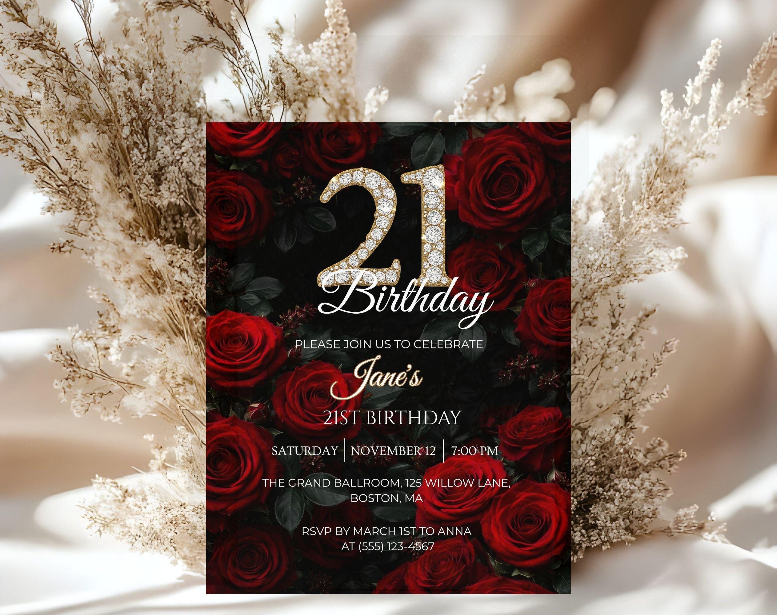 21st Birthday Invitation Red Roses, Elegant Black Gold Birthday Invite, Floral 21 Invite Template, Canva Editable Invitation