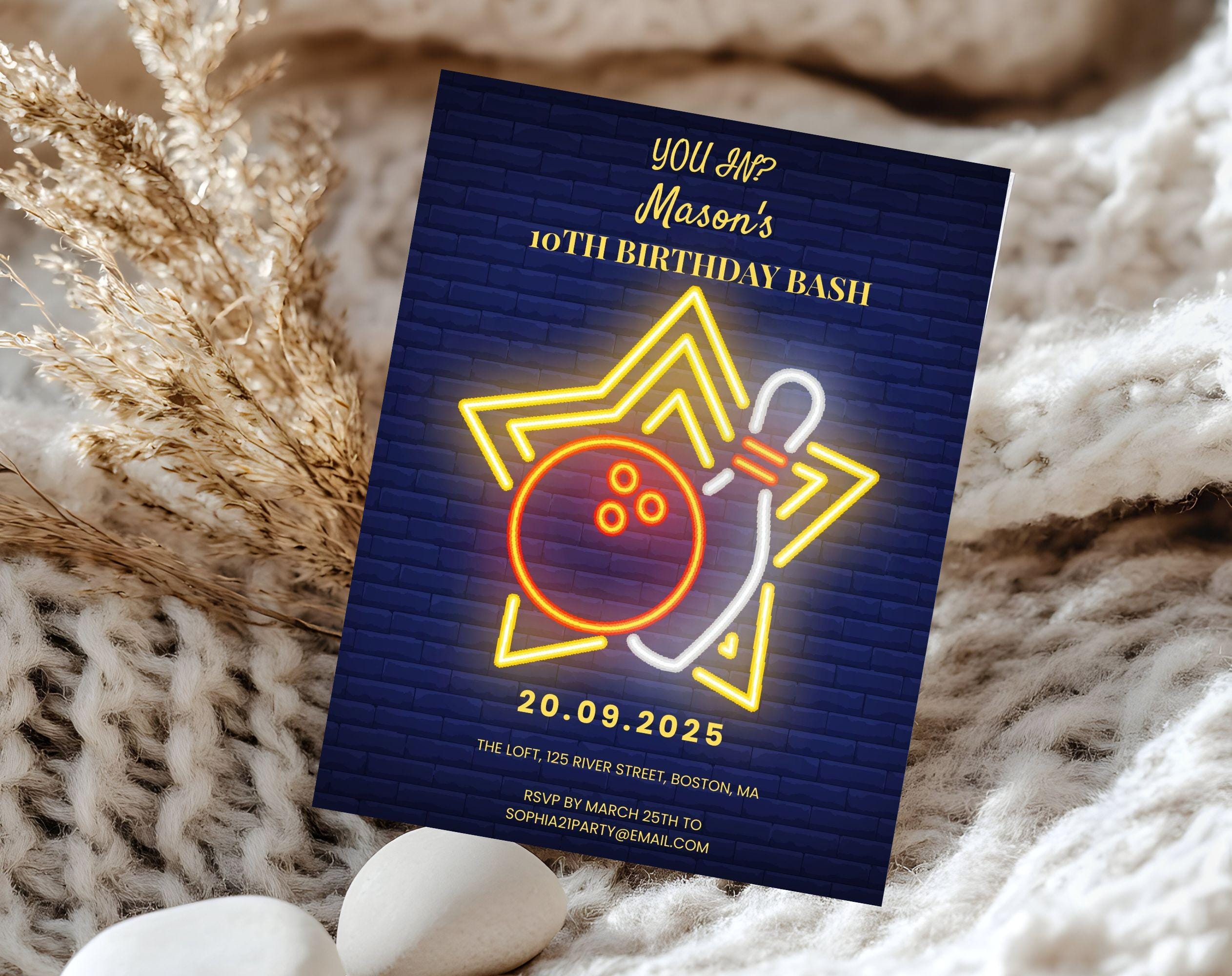 Blue Neon Bowling Birthday Invitation