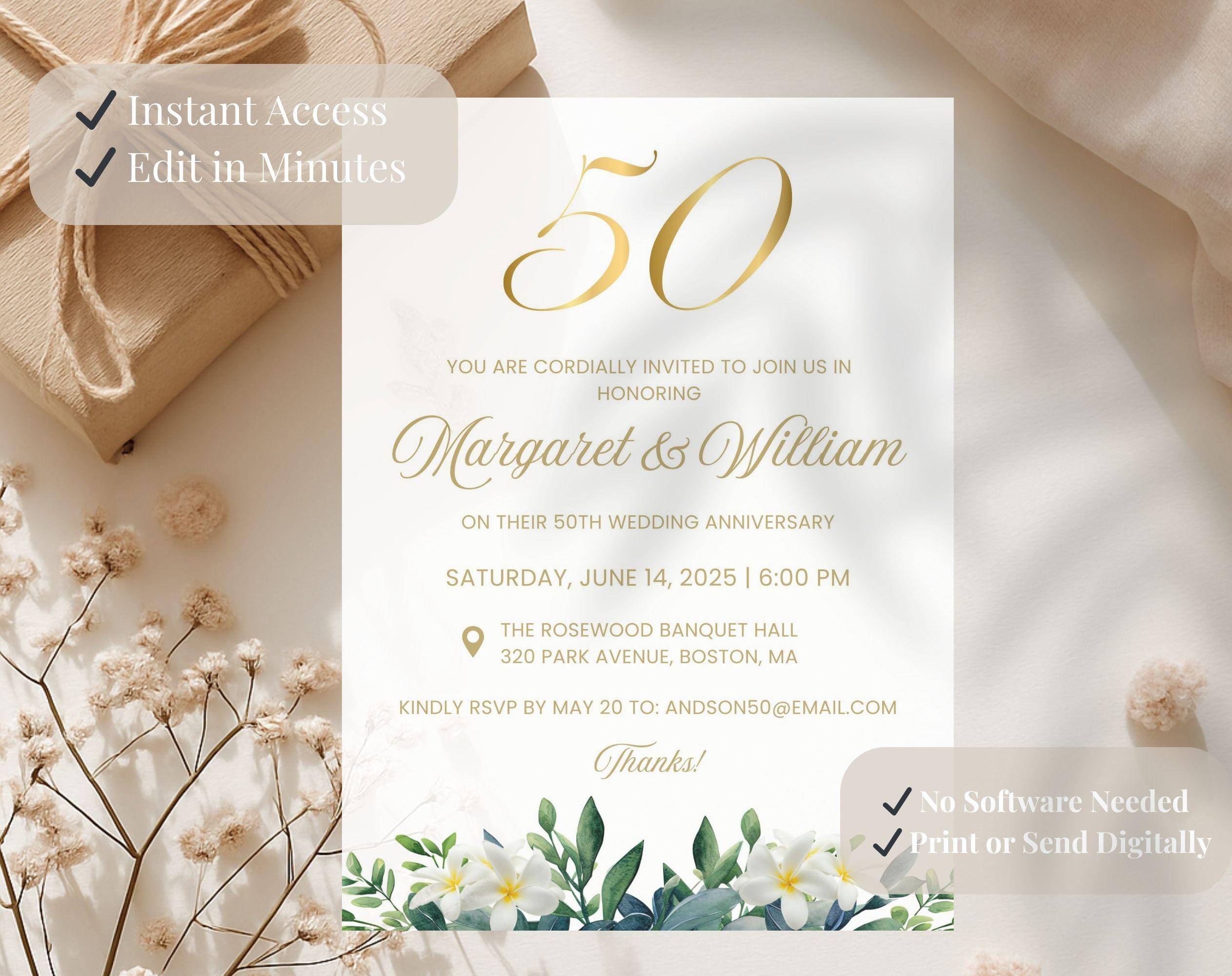 50th White Gold Wedding Anniversary Invitation