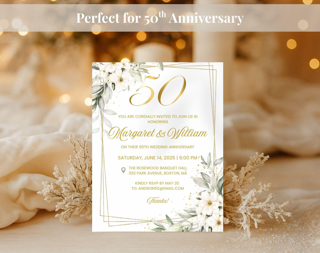 White Gold Floral 50th Wedding Anniversary Invitation