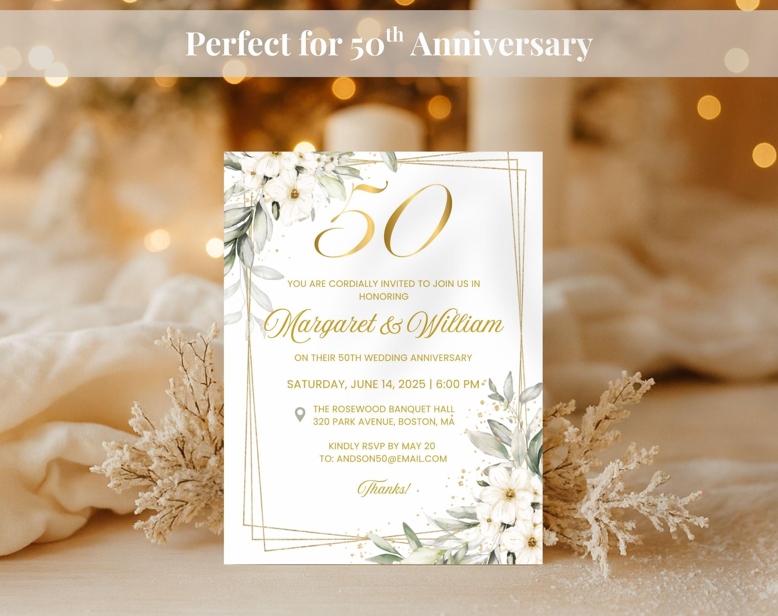 White Gold Floral 50th Wedding Anniversary Invitation