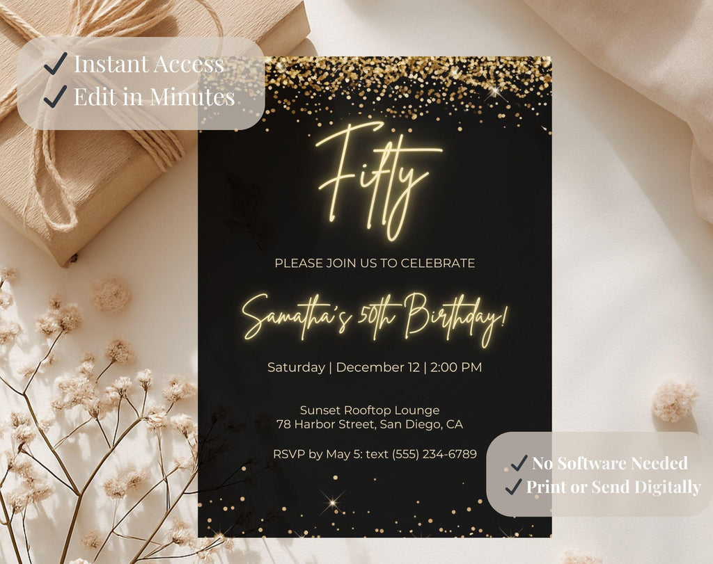 Black Gold 50th Birthday Invitation